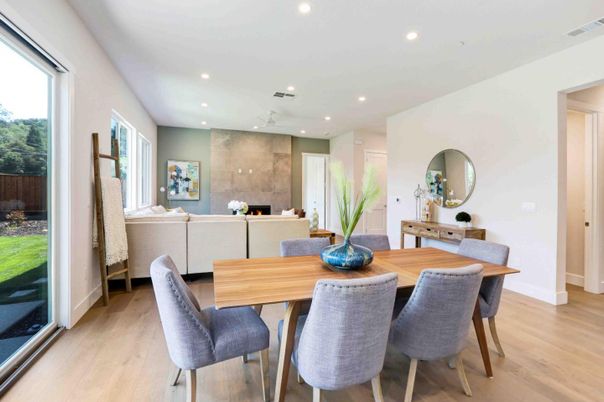 Dining room, Interior, Living room, Recessed Lighting, Wood Texture Flooring