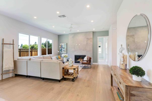 Fireplace, Interior, Living room, Recessed Lighting, Wood Texture Flooring