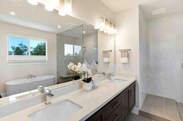 Bathroom, Dual Sink Vanities, Glass Shower, Interior, Marble Walls, Recessed Lighting