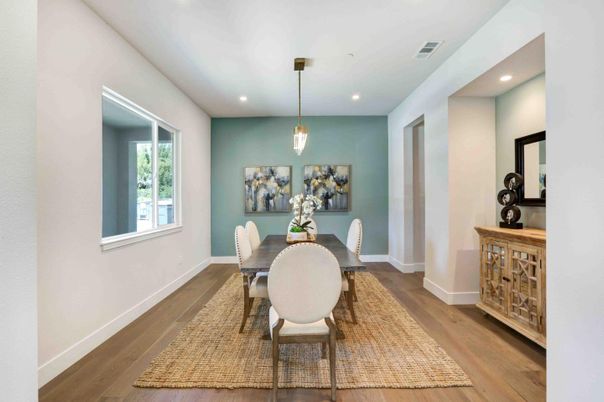 Dining room, Interior, Pendant Lights, Recessed Lighting, Wood Texture Flooring