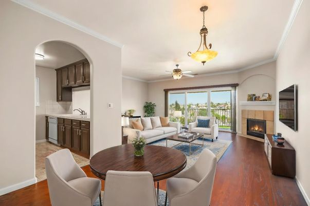 Dining room, Fireplace, Interior, Kitchen, Living room, Pendant Lights, Wood Texture Flooring