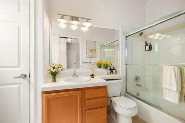 Bathroom, Glass Shower, Interior, Tile Countertops