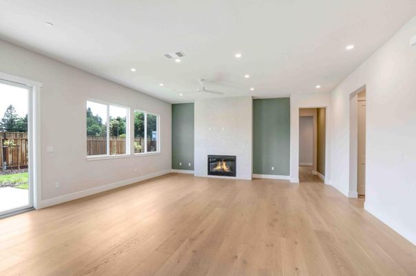 Empty room, Fireplace, Interior, Recessed Lighting, Wood Texture Flooring