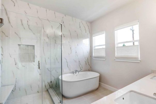 Bathroom, Free Standing Baths, Glass Shower, Interior, Marble Walls
