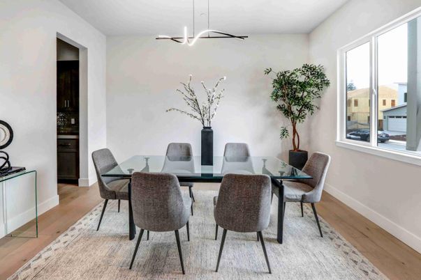 Dining room, Interior, Pendant Lights, Wood Texture Flooring