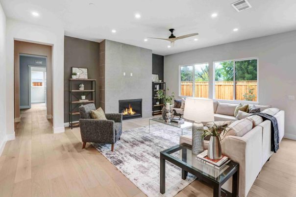 Fireplace, Interior, Living room, Recessed Lighting, Wood Texture Flooring
