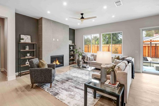 Fireplace, Interior, Living room, Recessed Lighting, Wood Texture Flooring