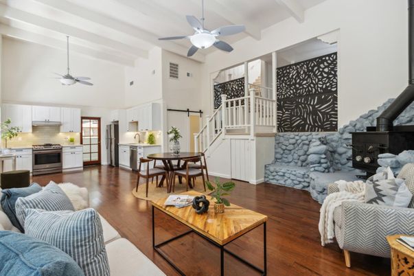 Dining room, Interior, Kitchen, Living room, Stainless Steel Appliances, Wood Texture Flooring