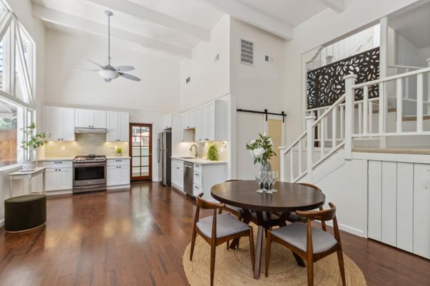 Dining room, Interior, Kitchen, Stainless Steel Appliances, Wood Texture Flooring