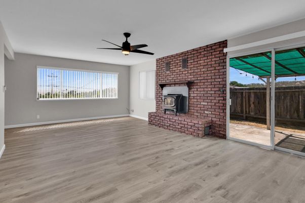 Empty room, Fireplace, Interior, Stone Walls, Wood Texture Flooring