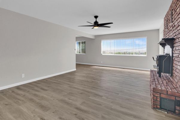 Empty room, Fireplace, Interior, Stone Walls, Wood Texture Flooring
