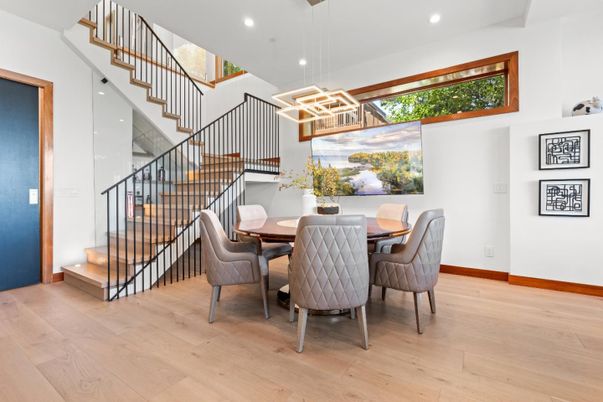 Dining room, Interior, Pendant Lights, Recessed Lighting, Wood Texture Flooring