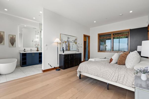 Bathroom, Bedroom, Free Standing Baths, Interior, Marble, Recessed Lighting, Wood Texture Flooring