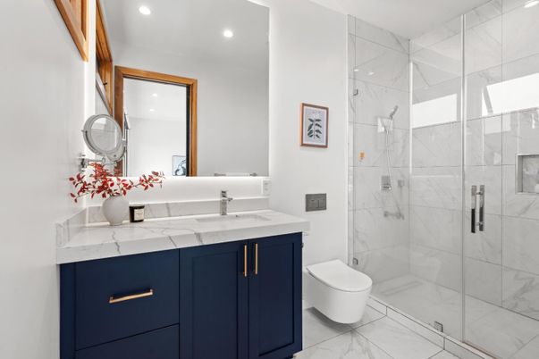 Bathroom, Glass Shower, Interior, Marble, Marble Walls, Recessed Lighting