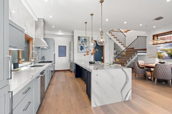Dining room, Interior, Kitchen, Pendant Lights, Recessed Lighting, Stainless Steel Appliances, Wood Texture Flooring