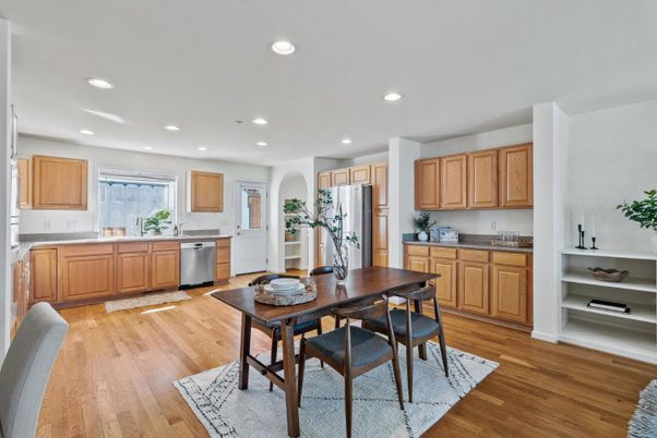 Dining room, Interior, Kitchen, Recessed Lighting, Stainless Steel Appliances, Wood Texture Flooring