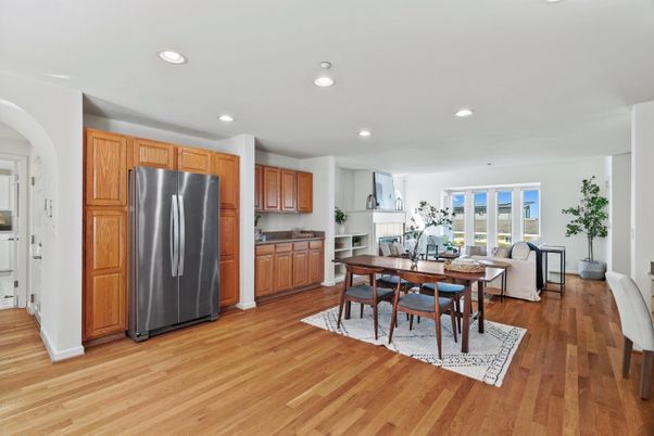 Dining room, Interior, Kitchen, Living room, Recessed Lighting, Stainless Steel Appliances, Wood Texture Flooring