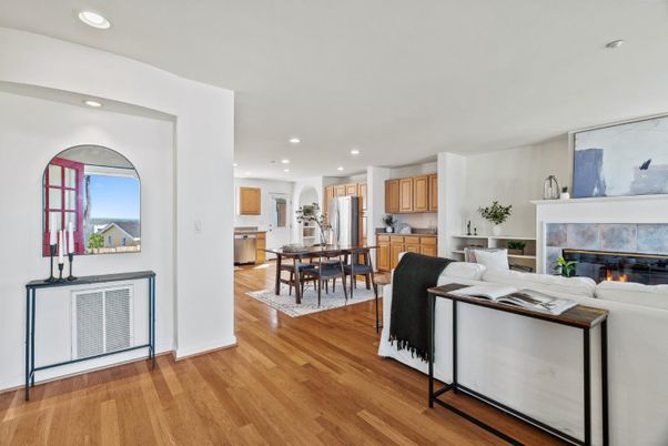 Dining room, Fireplace, Interior, Kitchen, Living room, Recessed Lighting, Wood Texture Flooring
