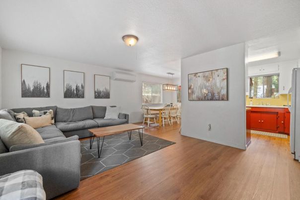 Dining room, Interior, Living room, Pendant Lights, Wood Texture Flooring