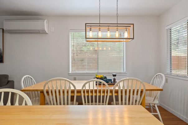 Dining room, Interior, Pendant Lights, Wood Texture Flooring