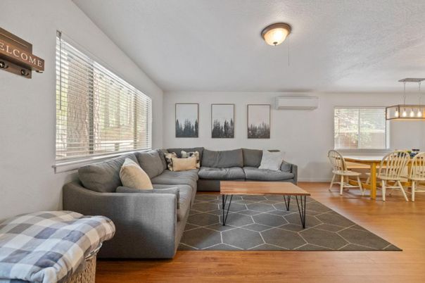 Dining room, Interior, Living room, Pendant Lights, Wood Texture Flooring