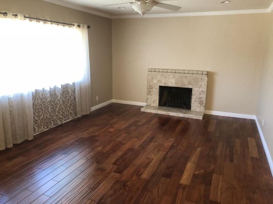 Empty room, Fireplace, Interior, Recessed Lighting, Wood Texture Flooring
