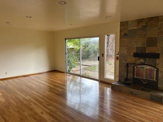 Empty room, Fireplace, Interior, Recessed Lighting, Wood Texture Flooring