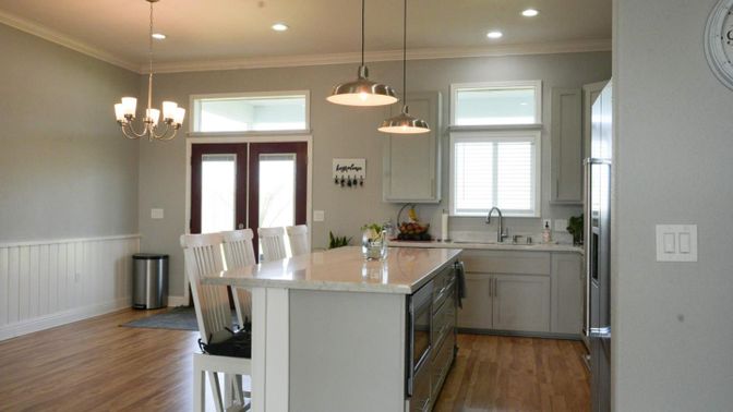 Interior, Kitchen, Pendant Lights, Recessed Lighting, Wood Texture Flooring