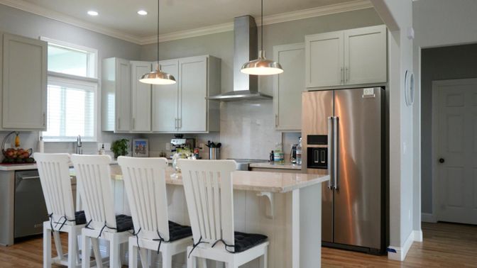 Interior, Kitchen, Pendant Lights, Recessed Lighting, Stainless Steel Appliances, Wood Texture Flooring