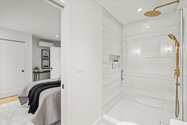 Bathroom, Glass Shower, Interior, Recessed Lighting, Wood Texture Flooring