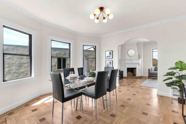 Dining room, Fireplace, Interior, Wood Texture Flooring