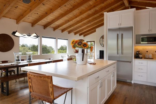 Interior, Kitchen, Pendant Lights, Stainless Steel Appliances, Wooden Beams, Wooden Ceilings, Wood Texture Flooring