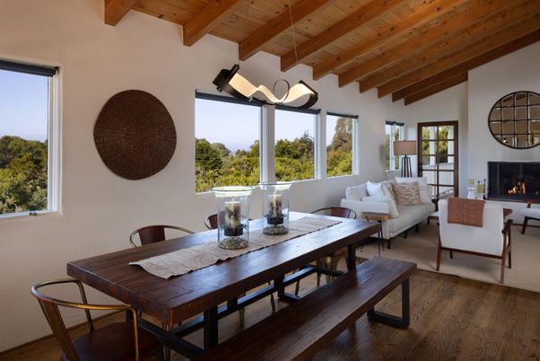 Dining room, Fireplace, Interior, Living room, Pendant Lights, Wooden Beams, Wooden Ceilings, Wood Texture Flooring