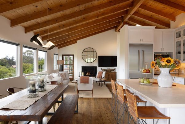 Dining room, Fireplace, Interior, Kitchen, Living room, Pendant Lights, Wooden Beams, Wooden Ceilings, Wood Texture Flooring