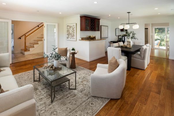 Dining room, Interior, Living room, Pendant Lights, Recessed Lighting, Wood Texture Flooring