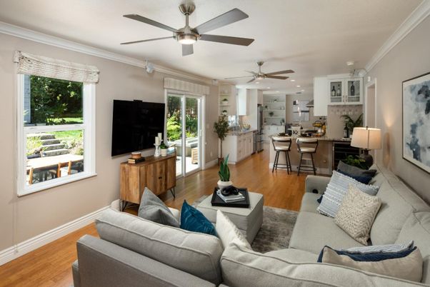 Dining room, Interior, Kitchen, Living room, Recessed Lighting, Wood Texture Flooring