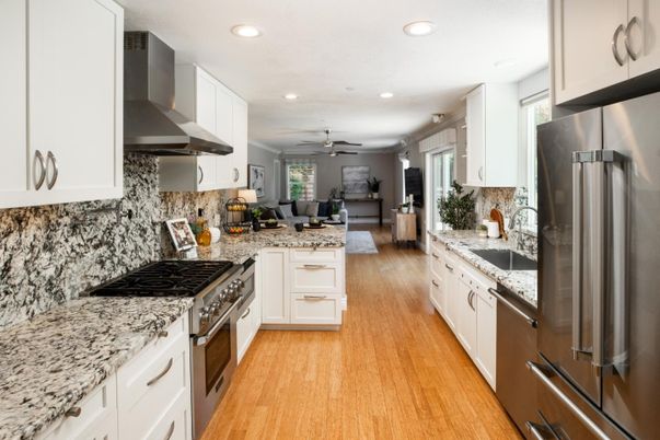 Interior, Kitchen, Living room, Recessed Lighting, Stainless Steel Appliances, Wood Texture Flooring