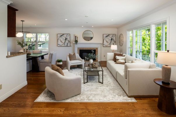 Dining room, Fireplace, Interior, Living room, Pendant Lights, Recessed Lighting, Wood Texture Flooring