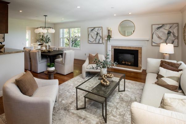 Dining room, Fireplace, Interior, Living room, Pendant Lights, Recessed Lighting, Wood Texture Flooring