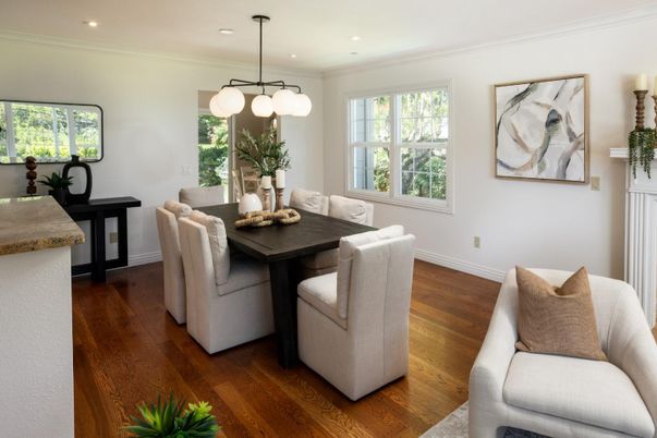 Dining room, Interior, Pendant Lights, Recessed Lighting, Wood Texture Flooring