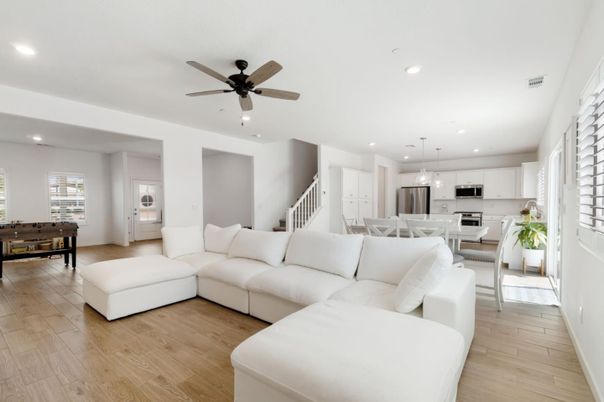 Dining room, Interior, Kitchen, Living room, Pendant Lights, Recessed Lighting, Stainless Steel Appliances, Wood Texture Flooring