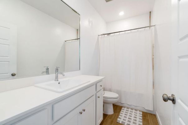 Bathroom, Interior, Recessed Lighting, Wood Texture Flooring