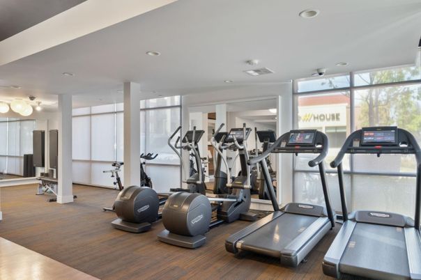 Fitness Equipment, Gym, Interior, Recessed Lighting, Wood Texture Flooring