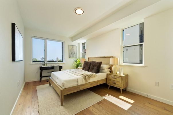 Bedroom, Interior, Recessed Lighting, Wood Texture Flooring
