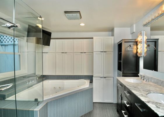 Bathroom, Dual Sink Vanities, Glass Shower, Interior, Recessed Lighting