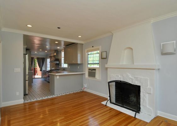 Fireplace, Interior, Kitchen, Recessed Lighting, Wood Texture Flooring