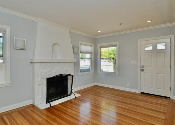 Empty room, Fireplace, Interior, Recessed Lighting, Wood Texture Flooring