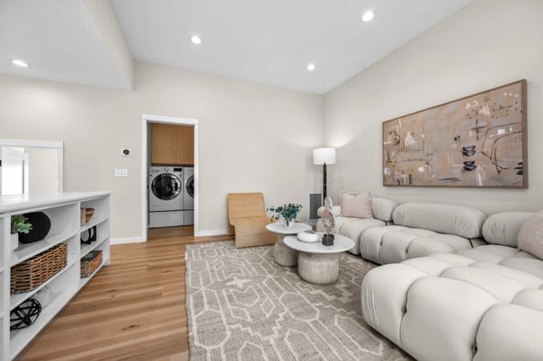 Interior, Living room, Recessed Lighting, Utility Closets, Washer, Wood Texture Flooring