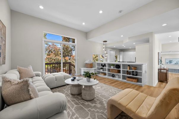 Interior, Living room, Pendant Lights, Recessed Lighting, Wood Texture Flooring