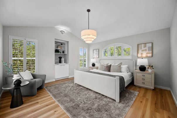 Bedroom, Interior, Pendant Lights, Wood Texture Flooring